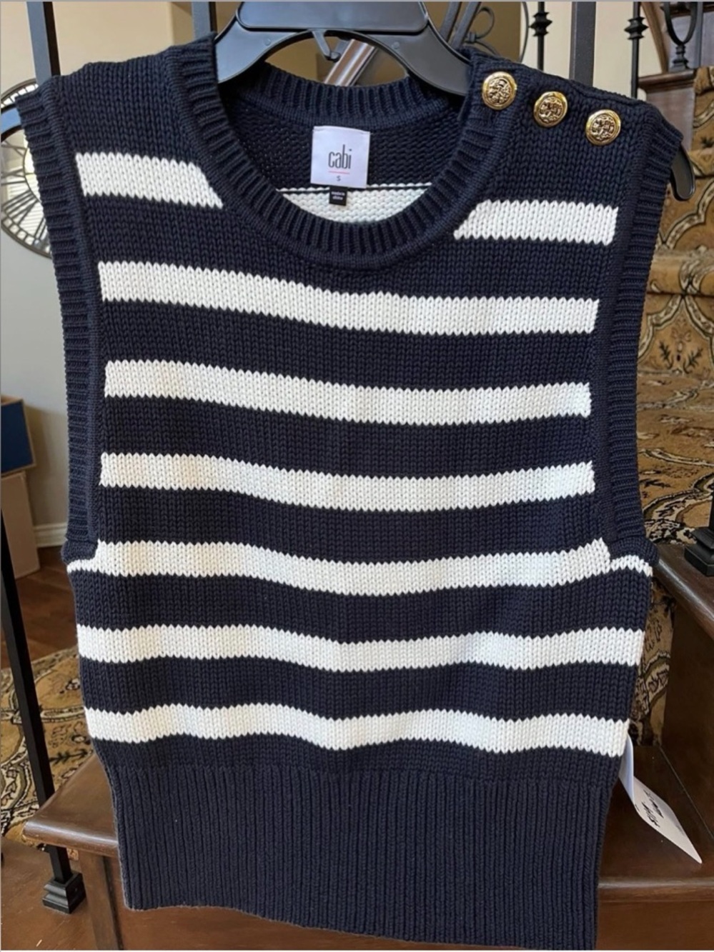 cabi #6667 Topsail Vest. NWT. Size Small. Retail - $119. Navy and white stripe.